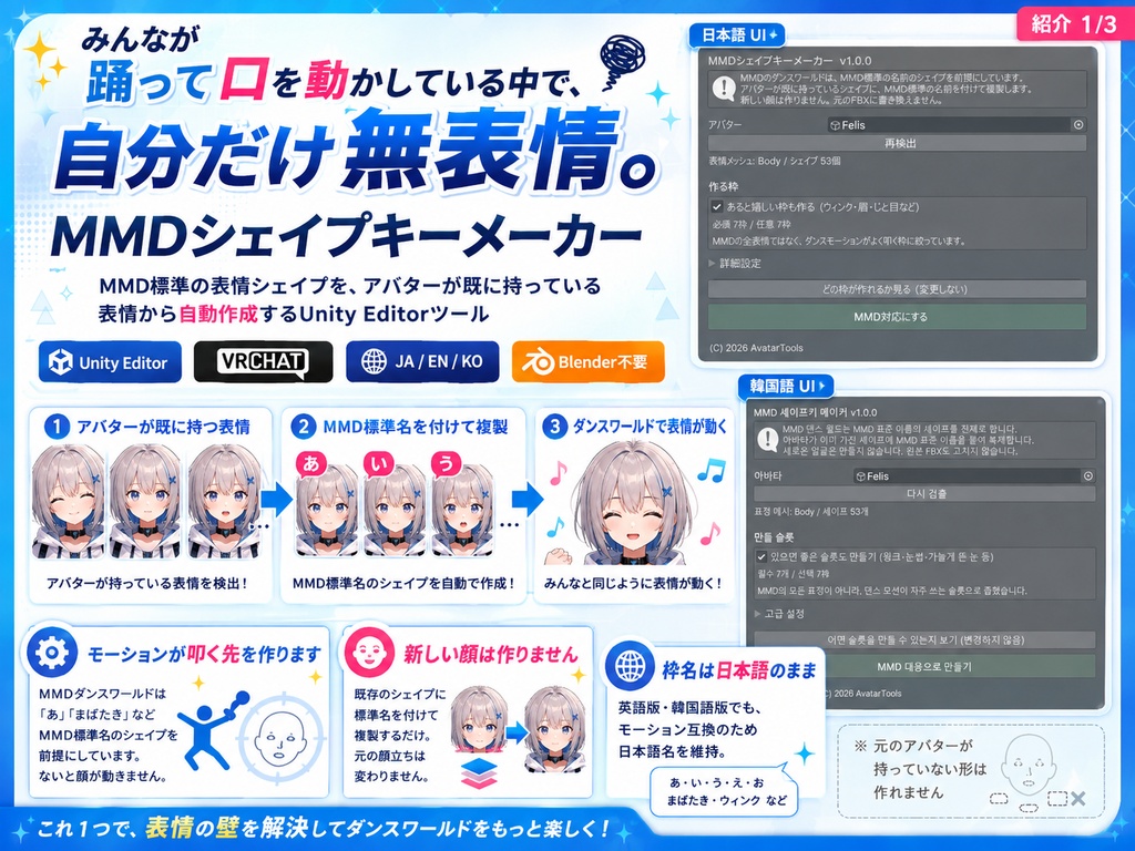 MMDシェイプキーメーカー - MMD標準の表情シェイプを自動で作るUnityツール【VRChat】【JA,EN,KO】