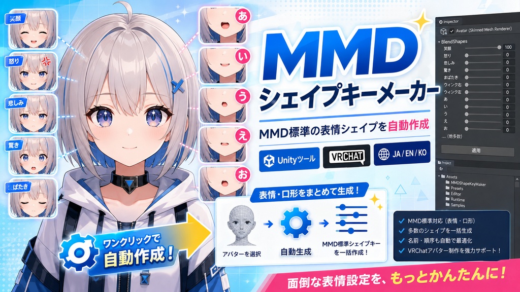 MMDシェイプキーメーカー - MMD標準の表情シェイプを自動で作るUnityツール【VRChat】【JA,EN,KO】