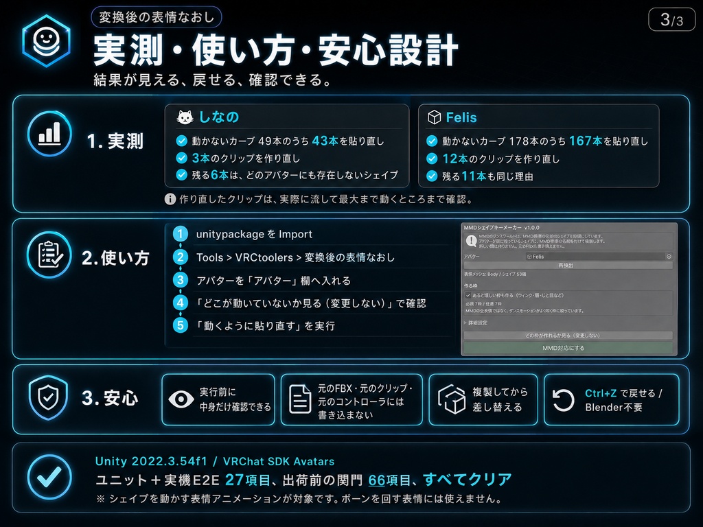 変換後の表情なおし - 衣装を変換したら表情メニューを押しても顔が動かない、をUnityで自動修復【VRChat】