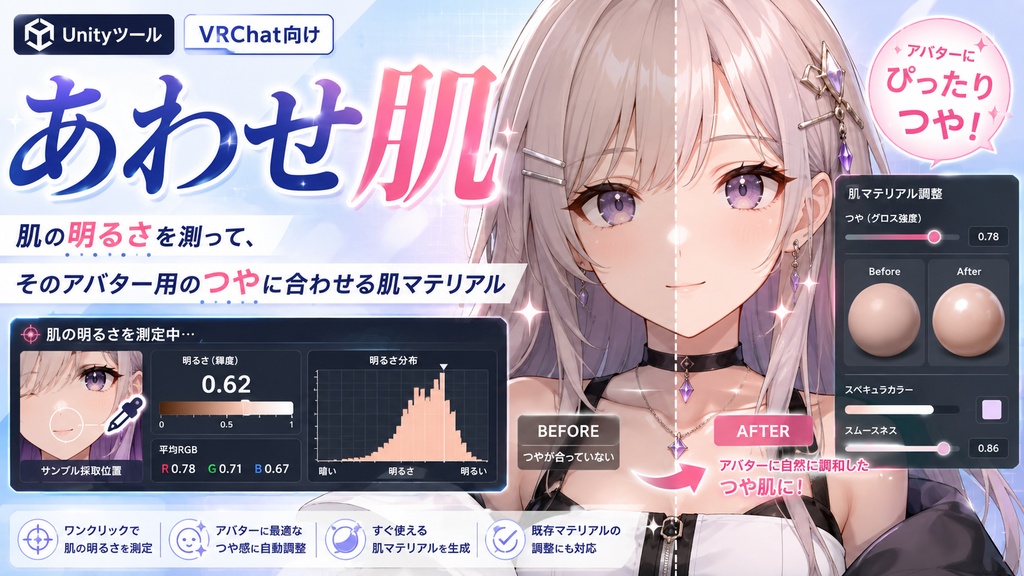 あわせ肌 - 肌マテリアルをアバターごとに測って合わせるUnityツール＋MatCap18種【VRChat】【JA,EN,KO】