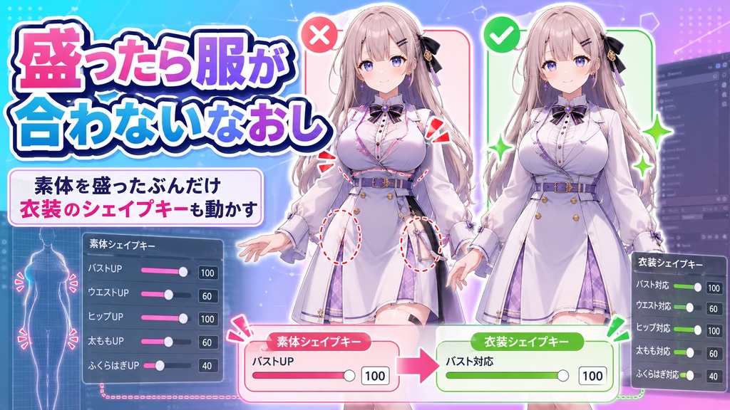 盛ったら服が合わないなおし - 素体を盛ったぶんだけ衣装のシェイプキーも動かす【VRChat】【JA,EN,KO】