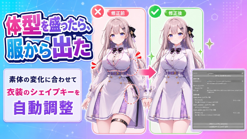 盛ったら服が合わないなおし - 素体を盛ったぶんだけ衣装のシェイプキーも動かす【VRChat】【JA,EN,KO】