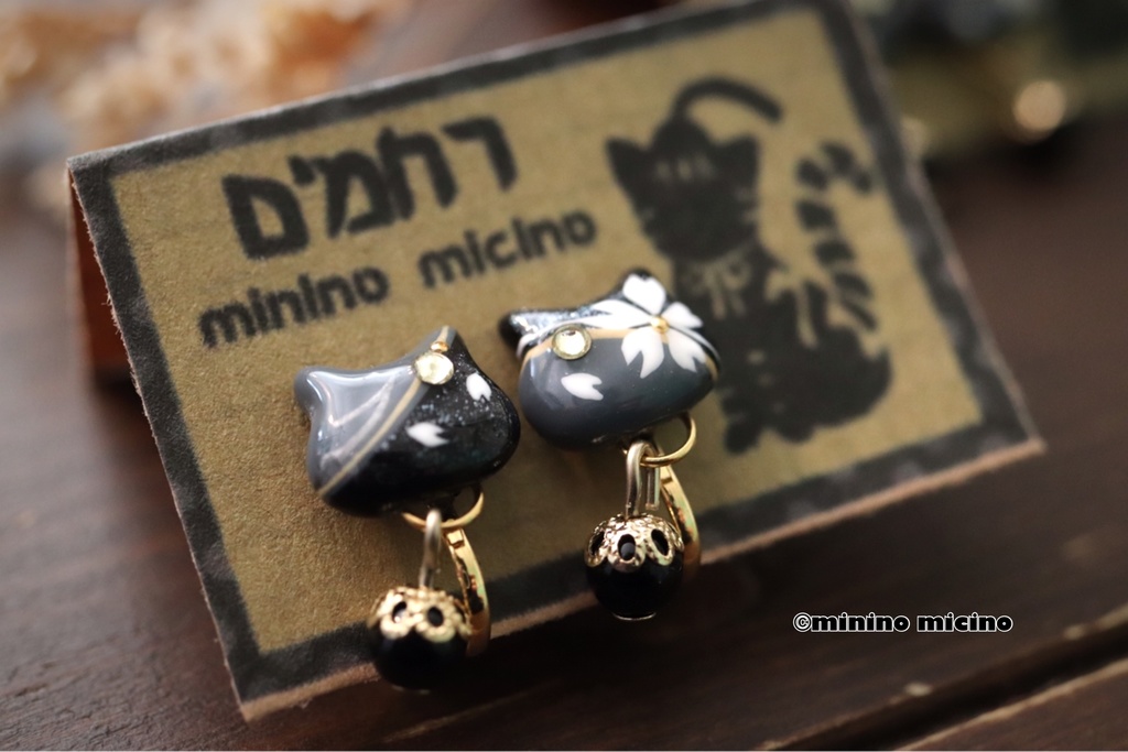 和風アートキャットイヤリング&ピアス❀黒鶴