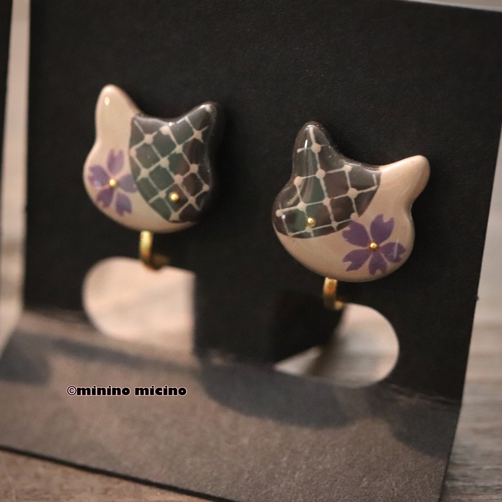 和風アートビッグキャット イヤリング&ピアス❀軽装 羅