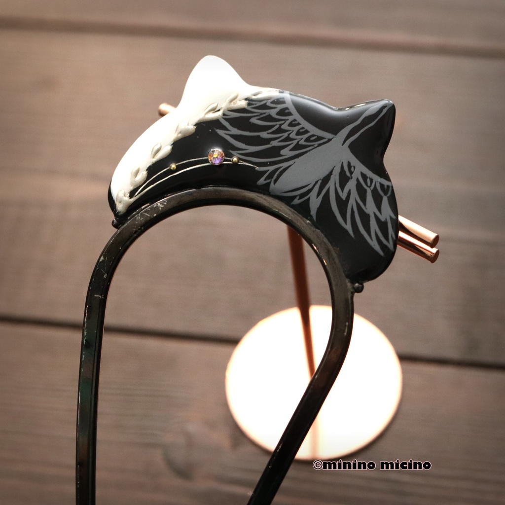 訳あり 和風アートキャットかんざし(簪)❀黒鶴