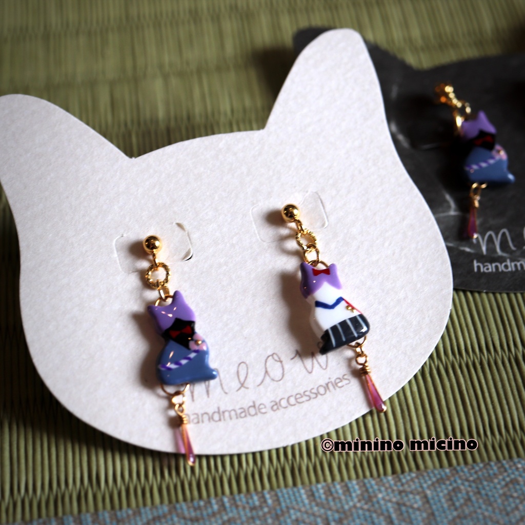 和風マイクロアートキャット アシメイヤリング&ピアス❀歌