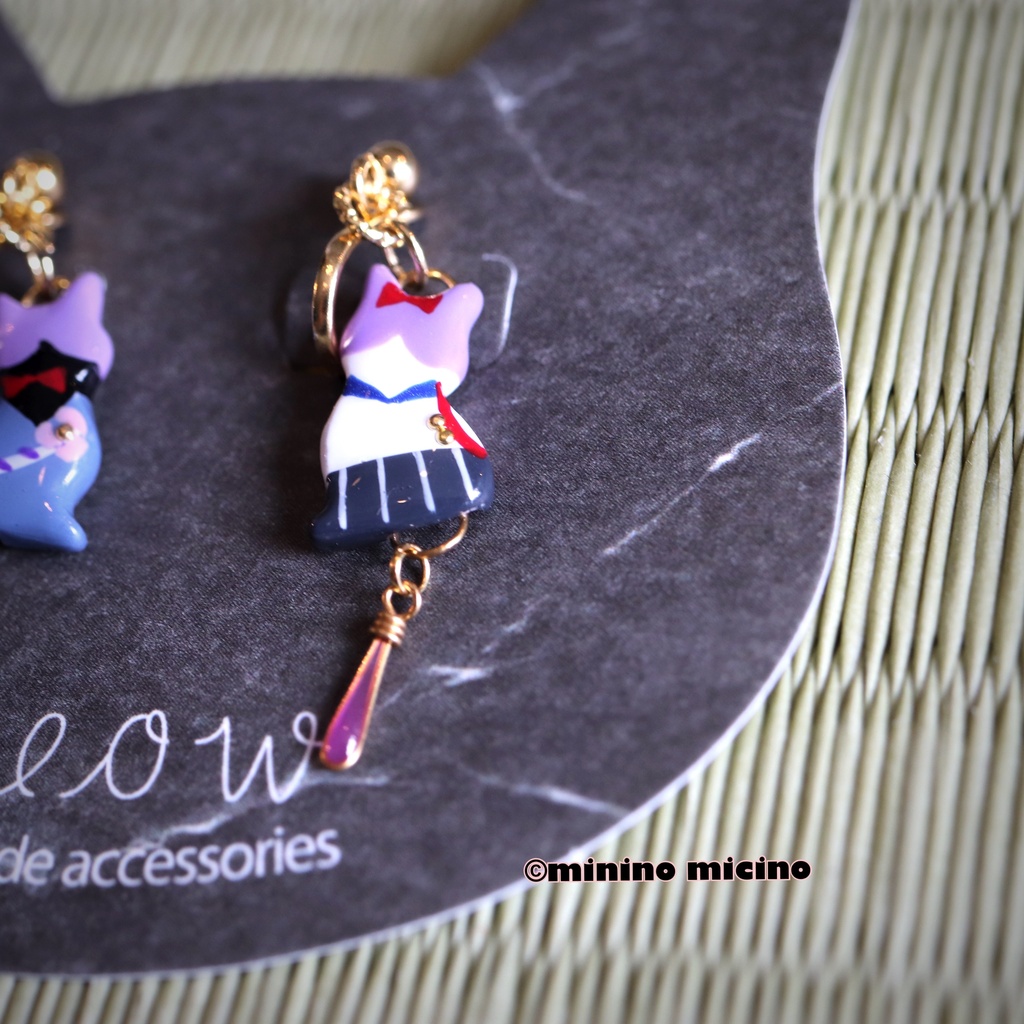 和風マイクロアートキャット アシメイヤリング&ピアス❀歌