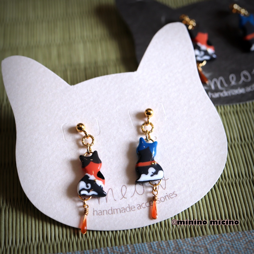 和風マイクロアートキャット アシメイヤリング&ピアス❀睦