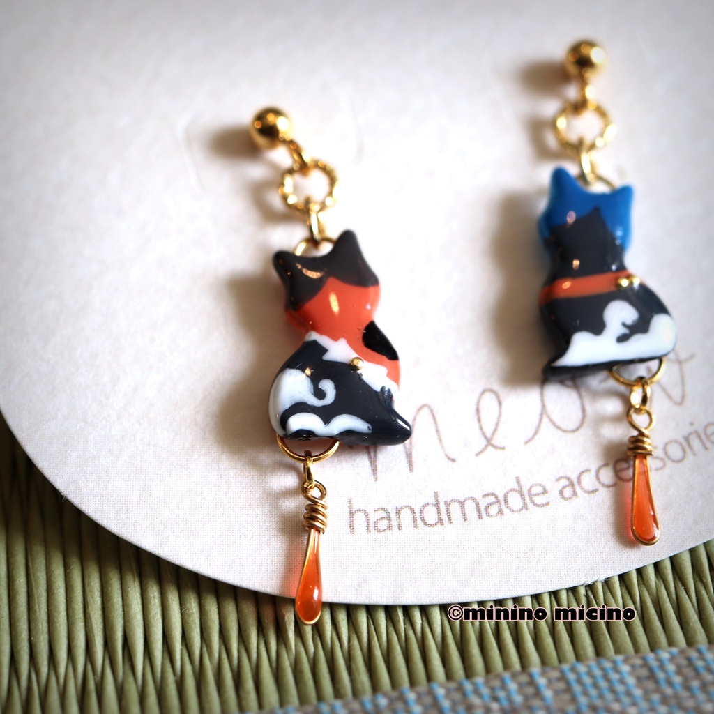 和風マイクロアートキャット アシメイヤリング&ピアス❀睦