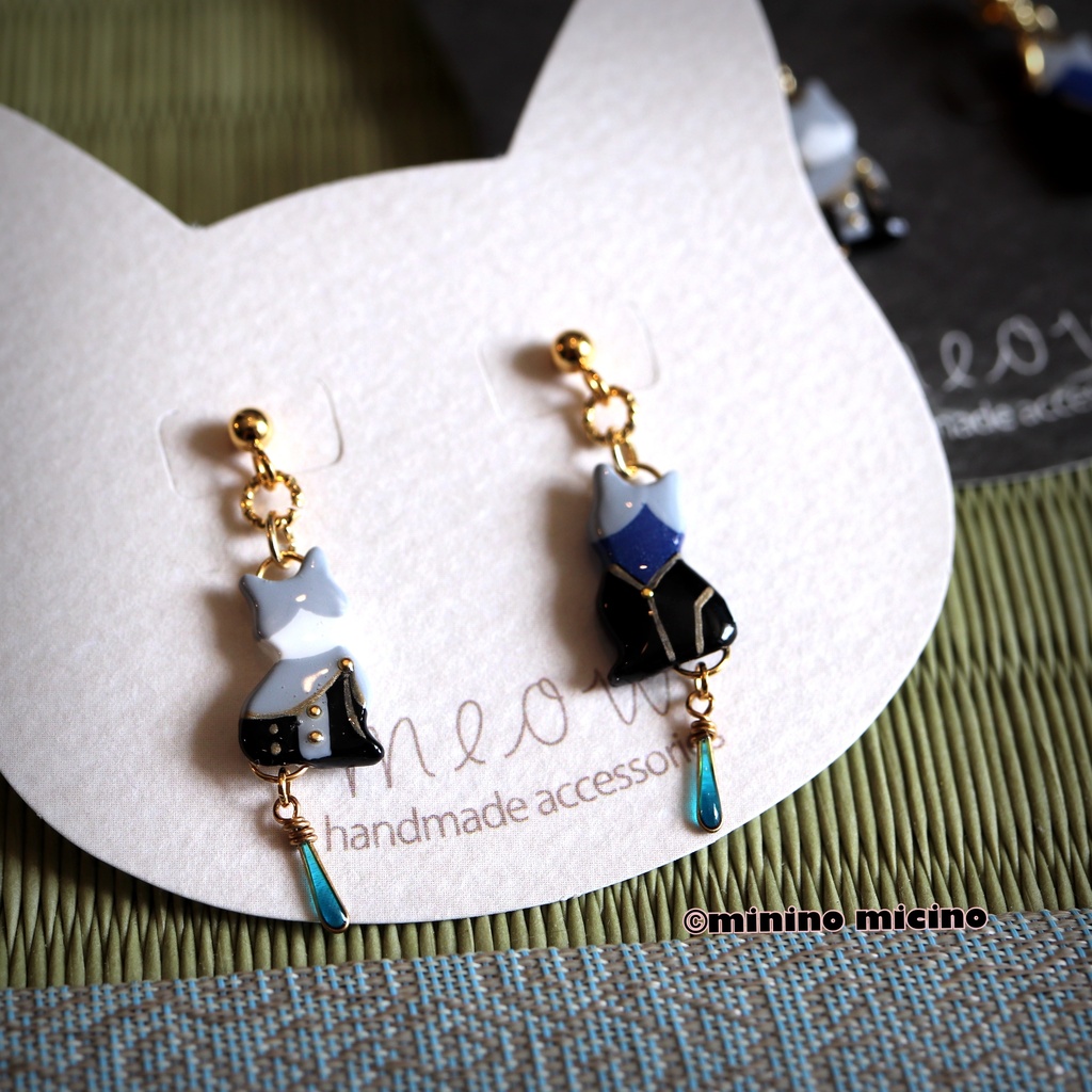 和風マイクロアートキャット アシメイヤリング&ピアス❀義