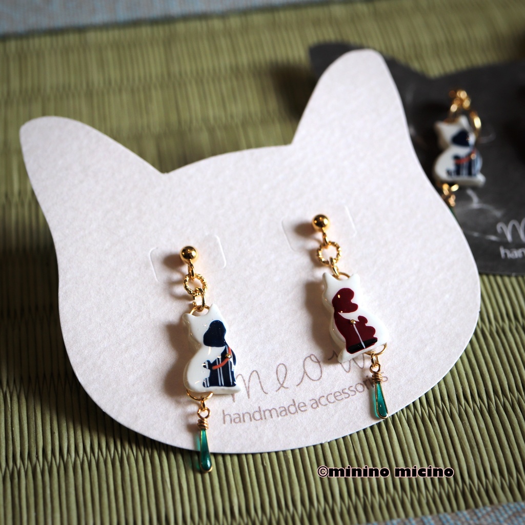 和風マイクロアートキャット アシメイヤリング＆ピアス❀国