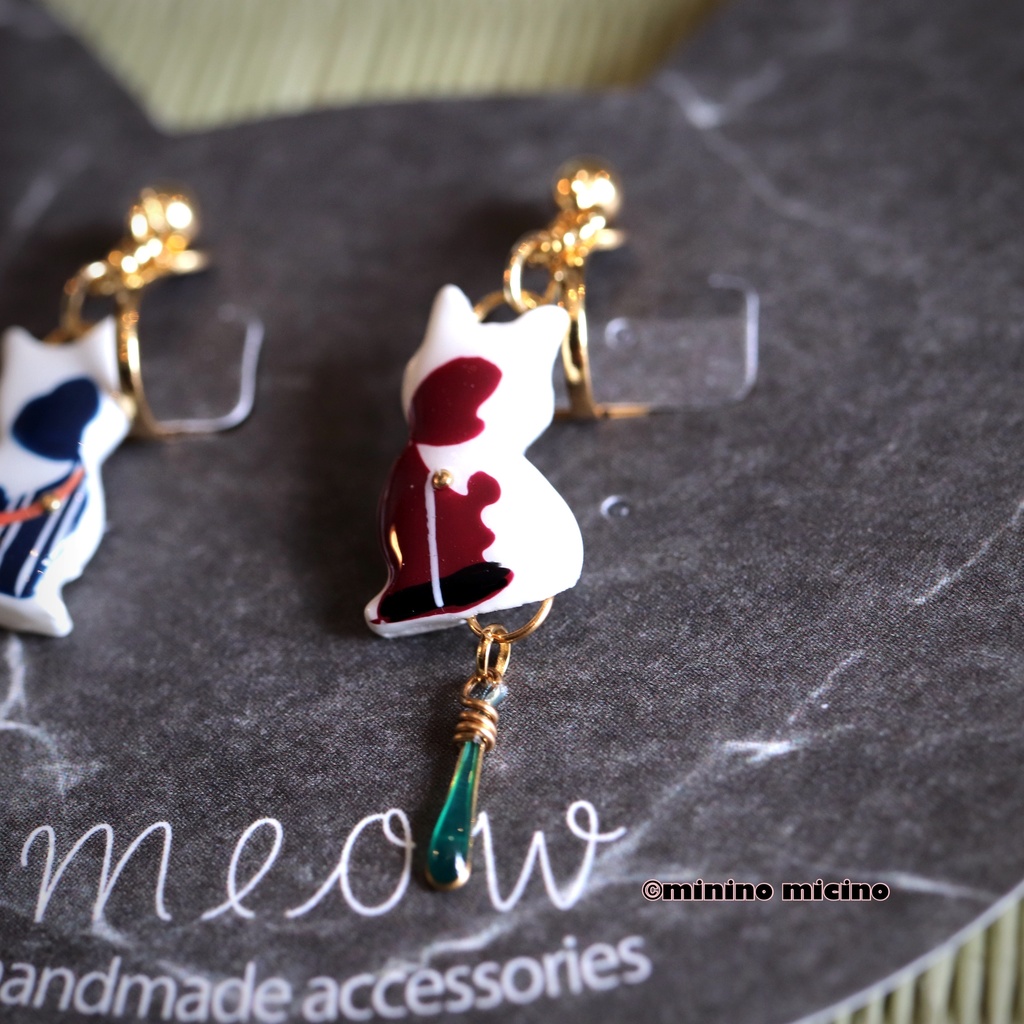 和風マイクロアートキャット アシメイヤリング&ピアス❀国