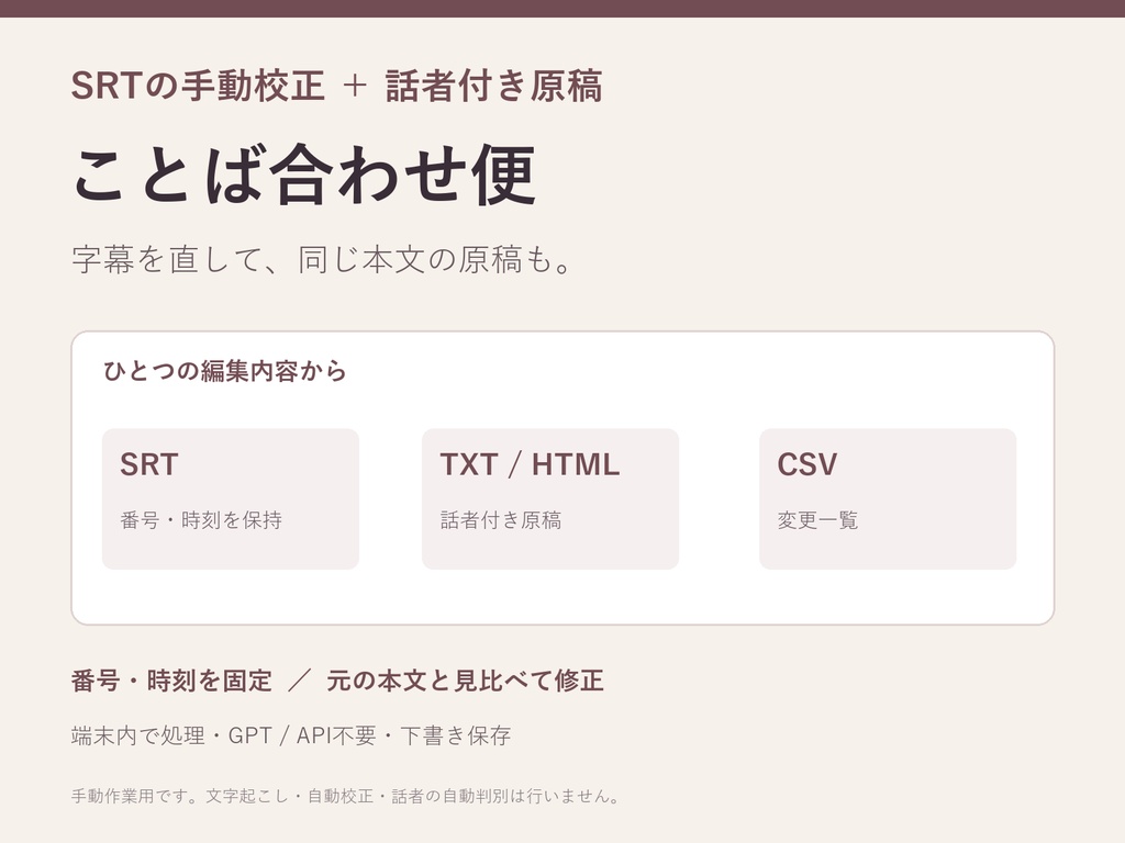 SRT手動校正・話者付き原稿作成|ことば合わせ便