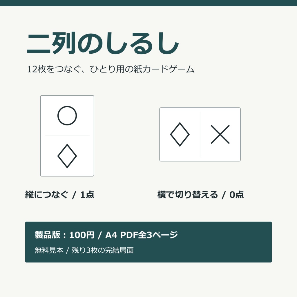 二列のしるし｜12枚のソロカードゲーム【印刷用PDF・無料見本あり】