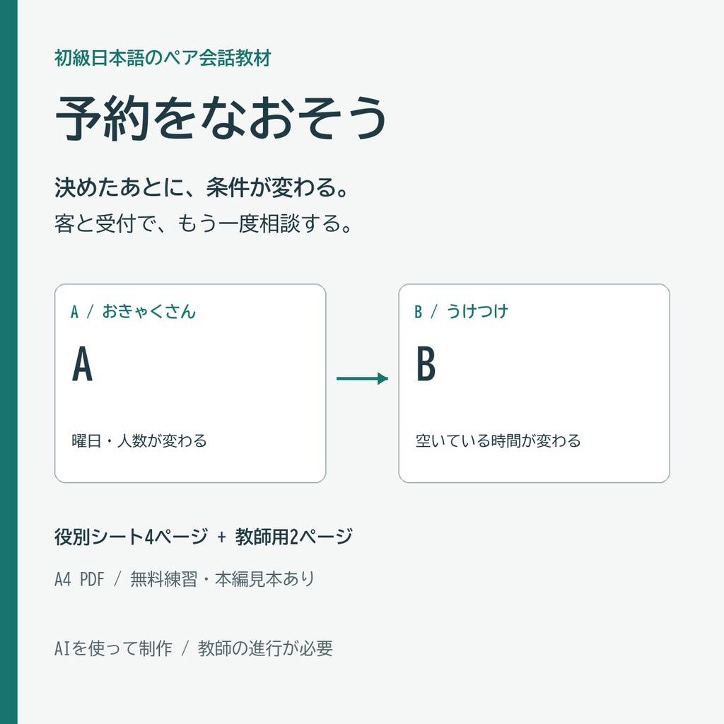 予約をなおそう｜初級日本語のペア会話・予約と変更のA/B教材