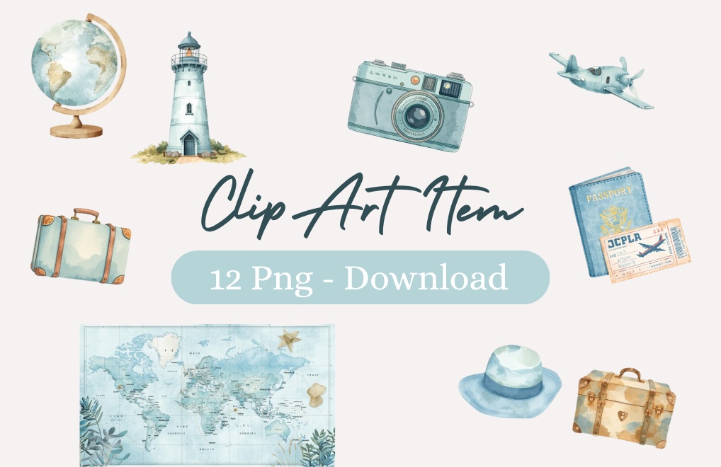 旅行モチーフのクリップアート 全８点｜PNG背景透過