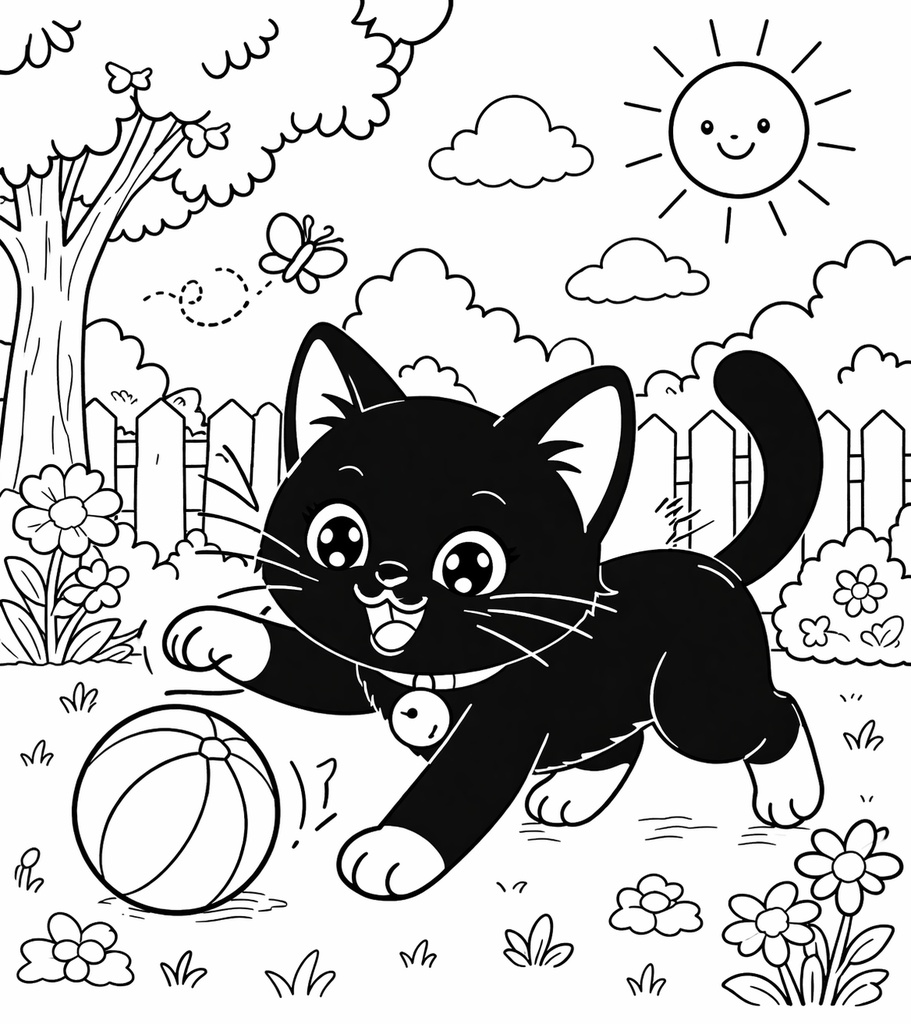 黒猫の1日ぬりえ｜子供向けかわいいイラスト