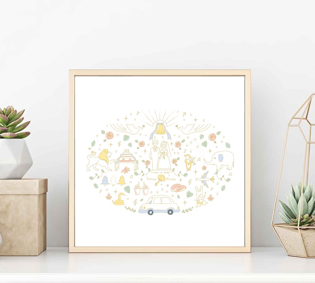 【結婚祝】似顔絵ウェルカムボード 2人の好きなものを散りばめたウエディングイラスト 金の線 結婚式 オーダーメイド