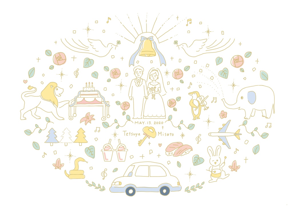 【結婚祝】似顔絵ウェルカムボード 2人の好きなものを散りばめたウエディングイラスト 金の線 結婚式 オーダーメイド