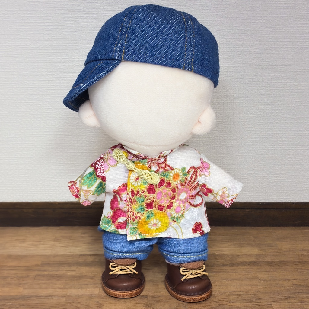 即納 15cmぬいぐるみサイズ 中華釦マオカラーシャツ 和柄 白 再販なし