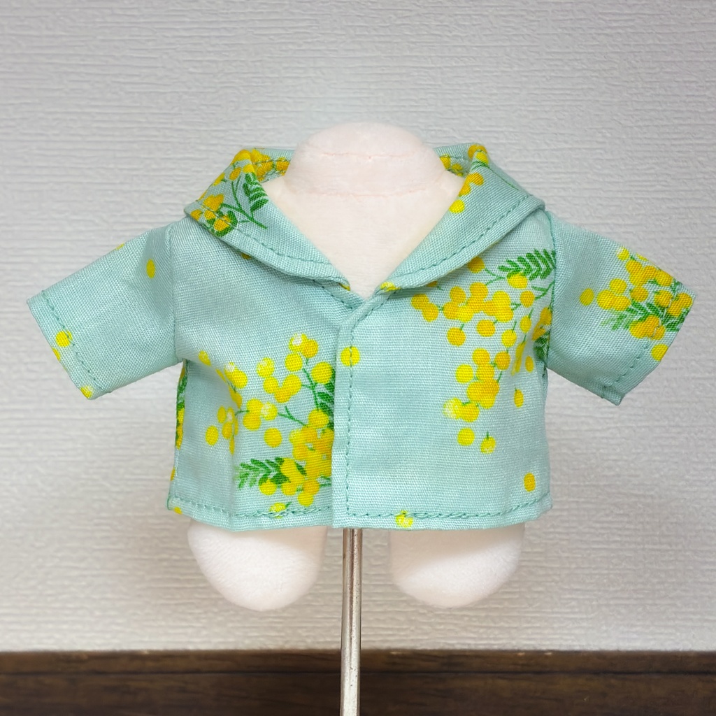 15cmぬいぐるみサイズ セーラーカラーシャツ ブルーグリーン地にミモザ 再販なし