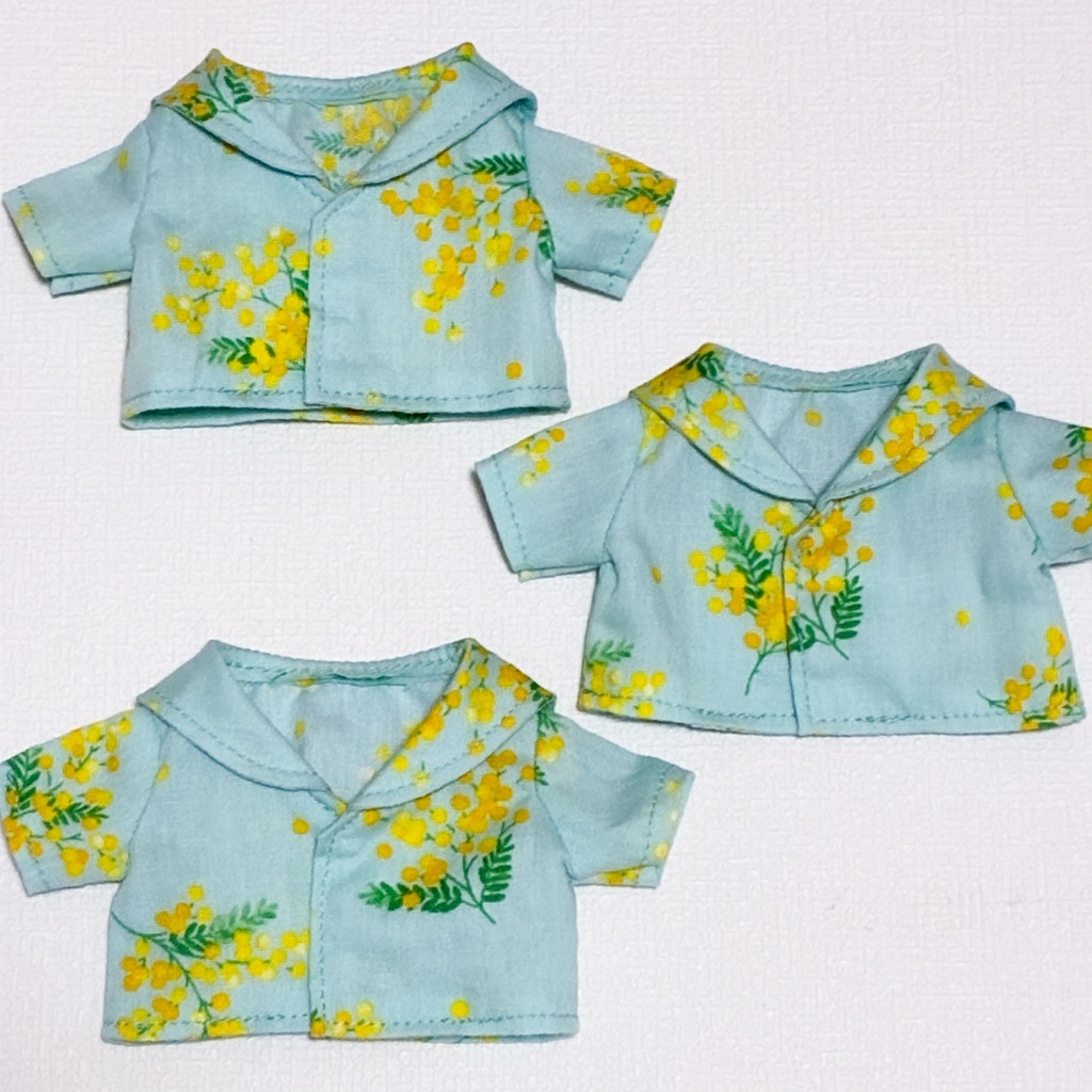 15cmぬいぐるみサイズ セーラーカラーシャツ ブルーグリーン地にミモザ 再販なし