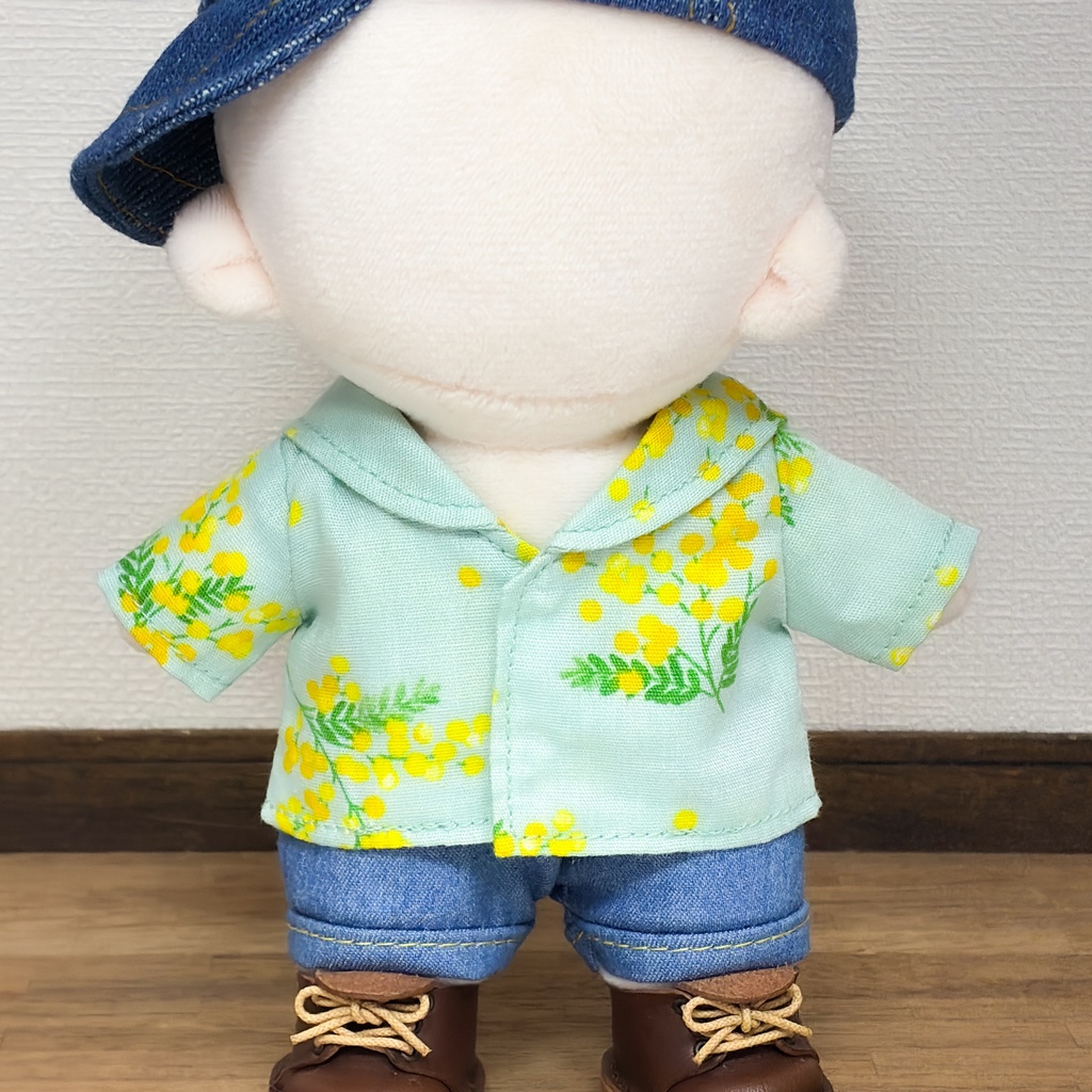 15cmぬいぐるみサイズ セーラーカラーシャツ ブルーグリーン地にミモザ 再販なし