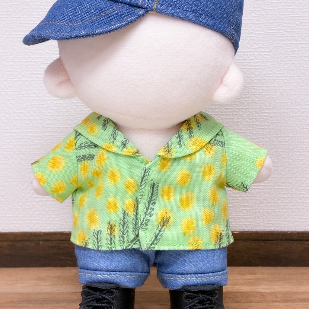15cm〜ぬいぐるみサイズ ライトグリーンにミモザのセーラーカラーシャツ ハンドメイド お洋服