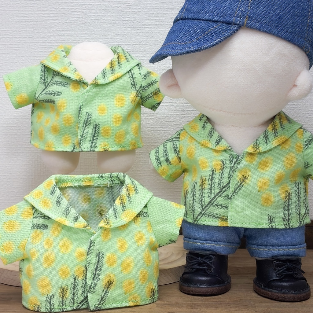 15cm〜ぬいぐるみサイズ ライトグリーンにミモザのセーラーカラーシャツ ハンドメイド お洋服