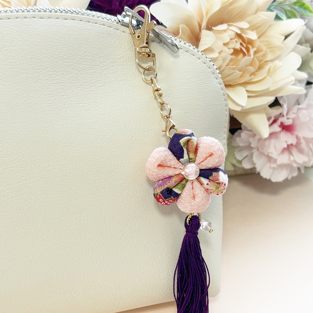 ピンク×濃紫 夜桜風布花キーホルダー