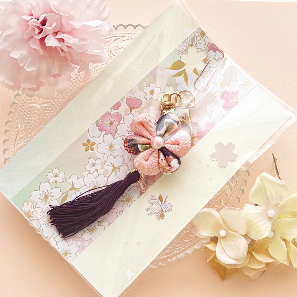 ピンク×濃紫 夜桜風布花キーホルダー