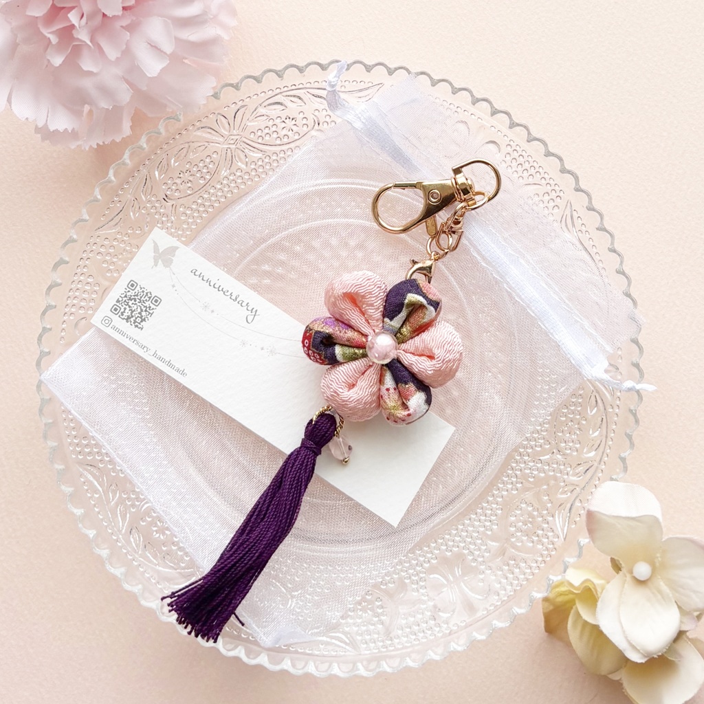 ピンク×濃紫 夜桜風布花キーホルダー 
