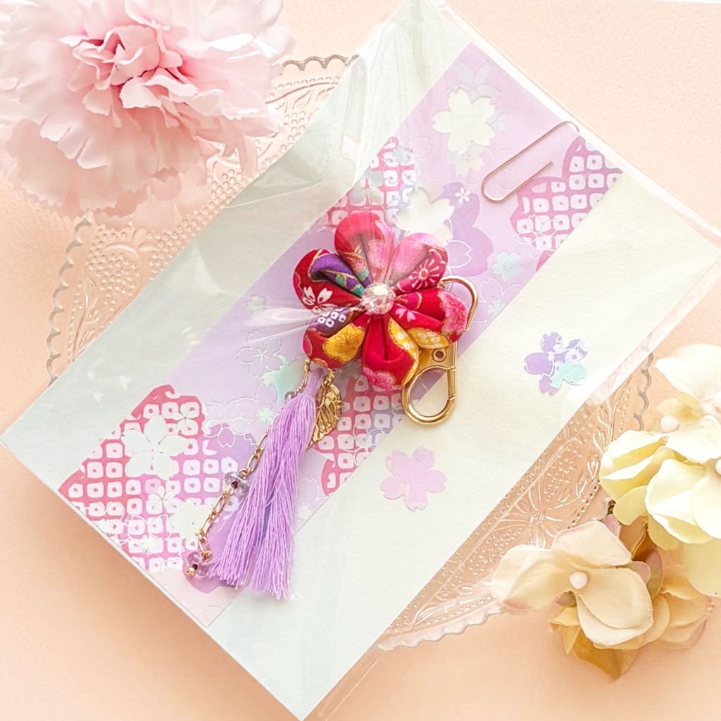赤×紫 梅と桜の布花キーホルダー