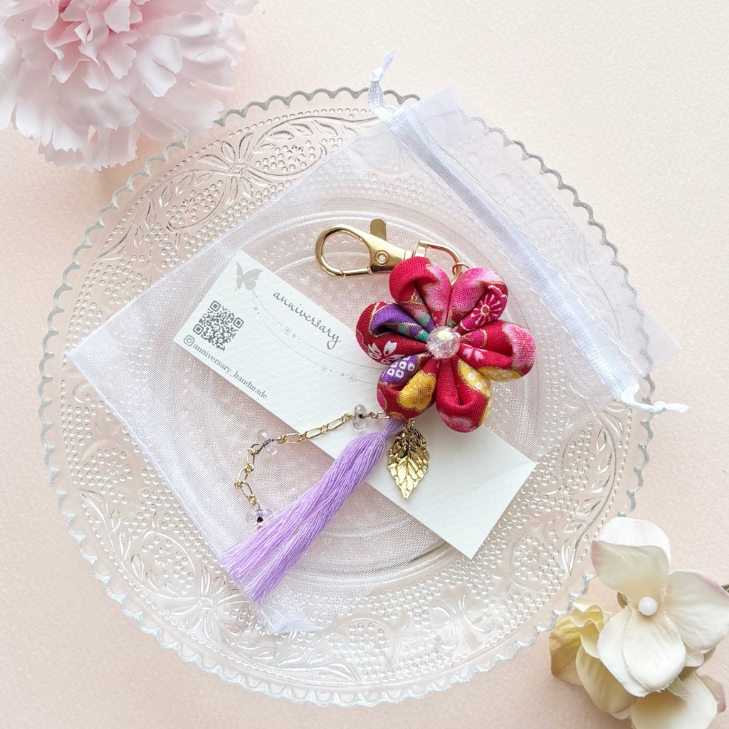 赤×紫 梅と桜の布花キーホルダー