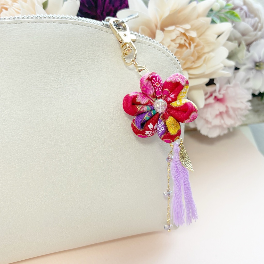 赤×紫 梅と桜の布花キーホルダー