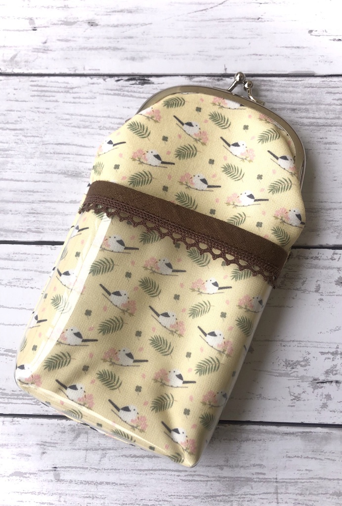 シマエナガ　縦長コスメがま口ポーチ