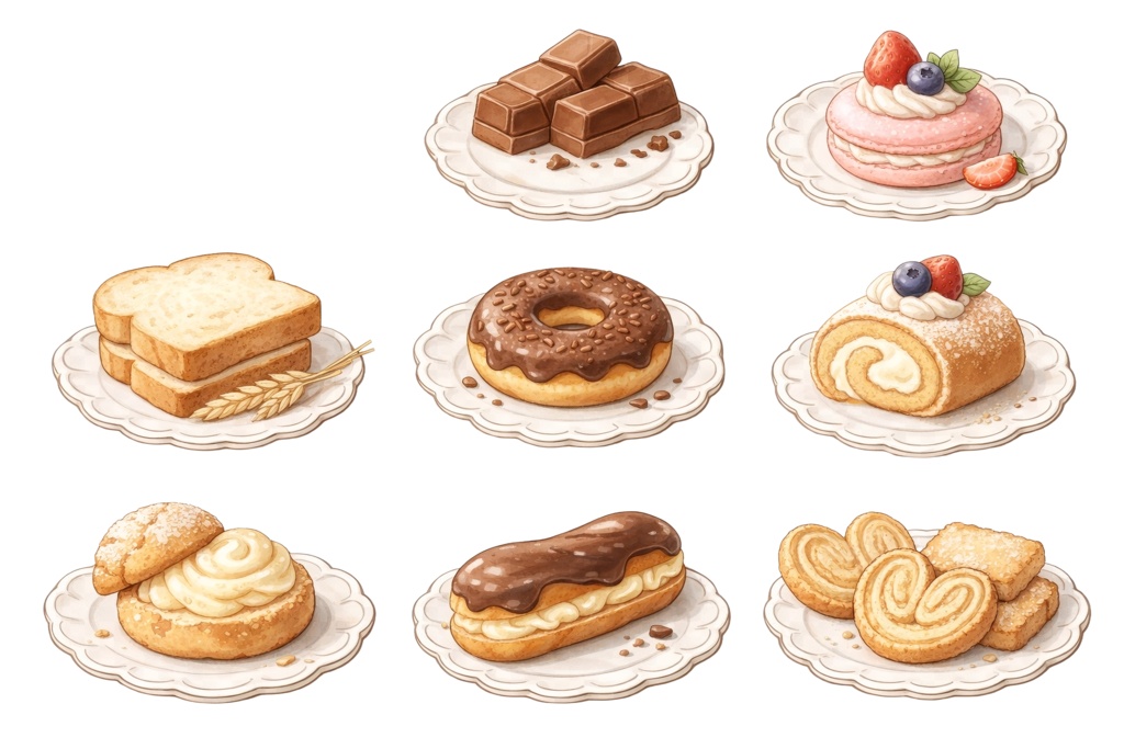 【背景透過】ふんわり水彩風パステルスイーツ素材セット(8種類入り) 