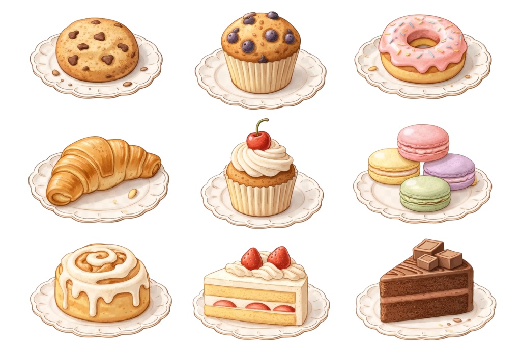 【背景透過】ふんわり水彩風パステルスイーツ素材セット(9種類入り)