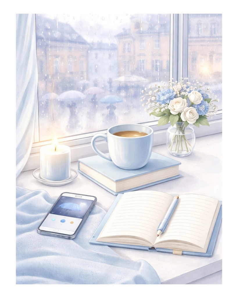 雨の日の部屋|背景イラスト3色セット(ブルー・ピンク・ベージュ)|水彩・大人かわいい