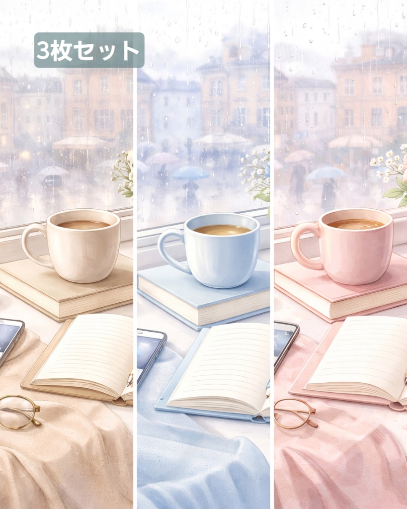 雨の日の部屋|背景イラスト3色セット(ブルー・ピンク・ベージュ)|水彩・大人かわいい