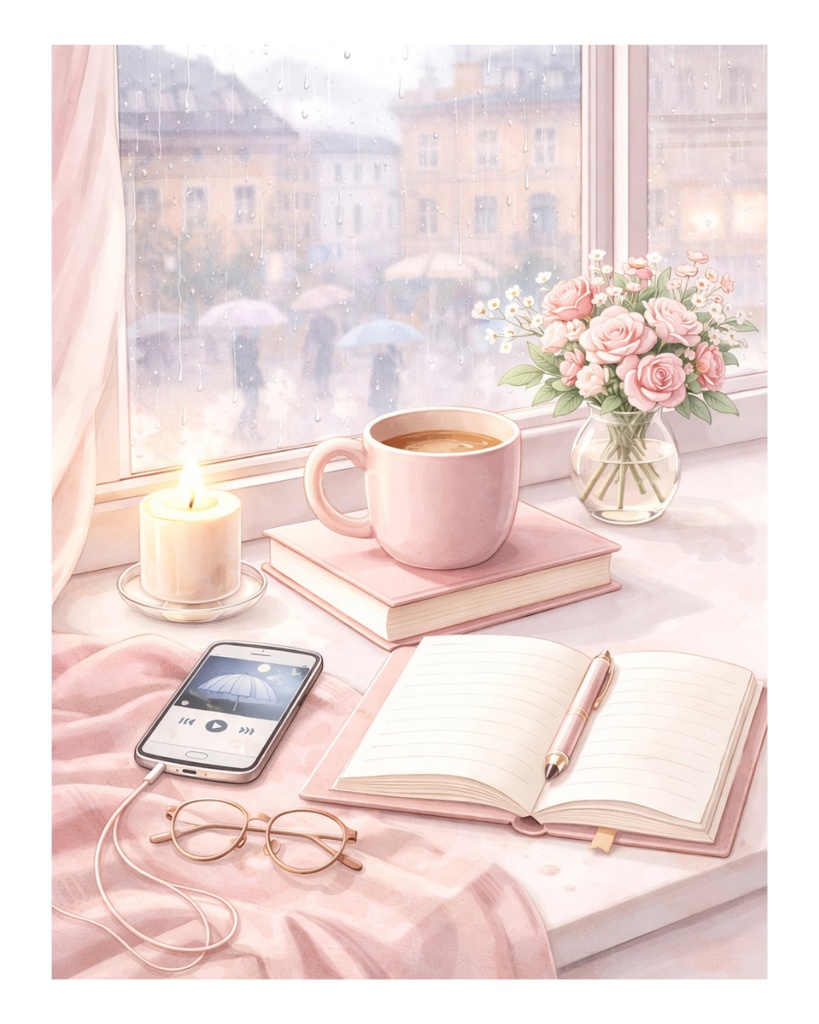 雨の日の部屋|背景イラスト3色セット(ブルー・ピンク・ベージュ)|水彩・大人かわいい