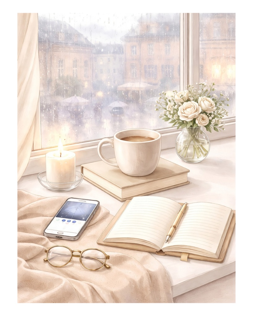 雨の日の部屋|背景イラスト3色セット(ブルー・ピンク・ベージュ)|水彩・大人かわいい