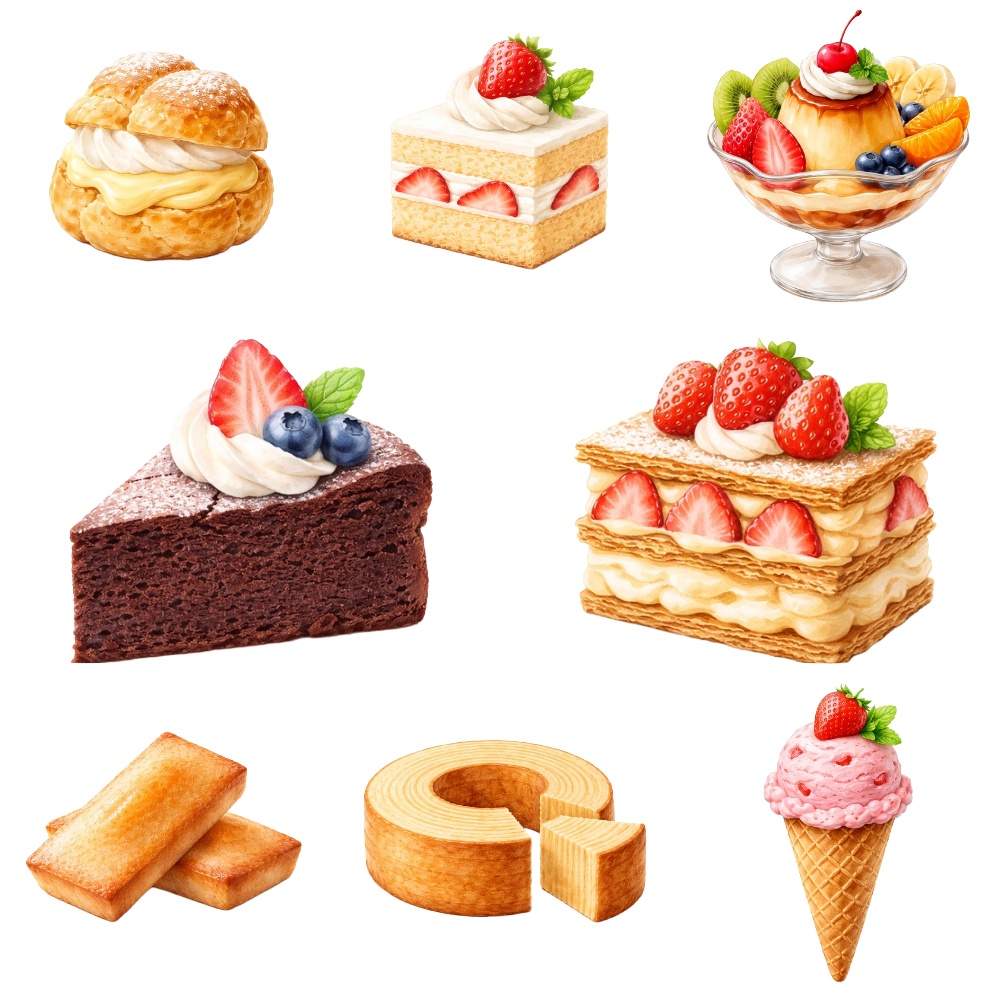 【背景透過】水彩風 苺スイーツ・焼き菓子素材セット 8種類入り