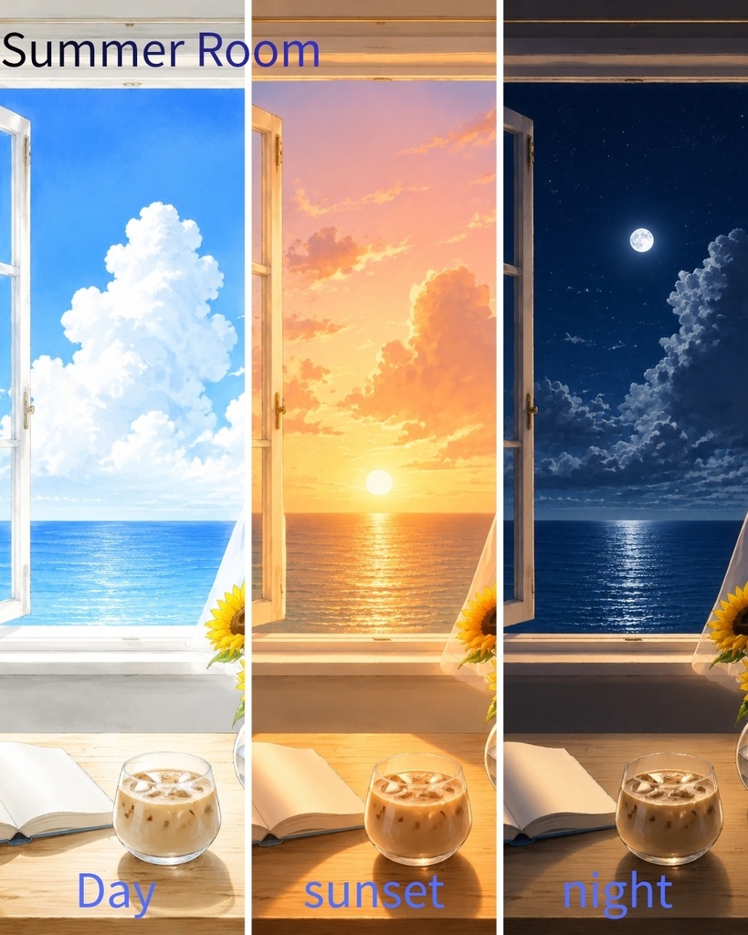 夏の部屋|海の見える窓辺|壁紙 背景3枚セット(昼・夕方・夜)