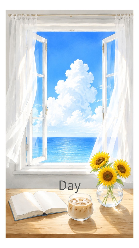 夏の部屋|海の見える窓辺|壁紙 背景3枚セット(昼・夕方・夜)