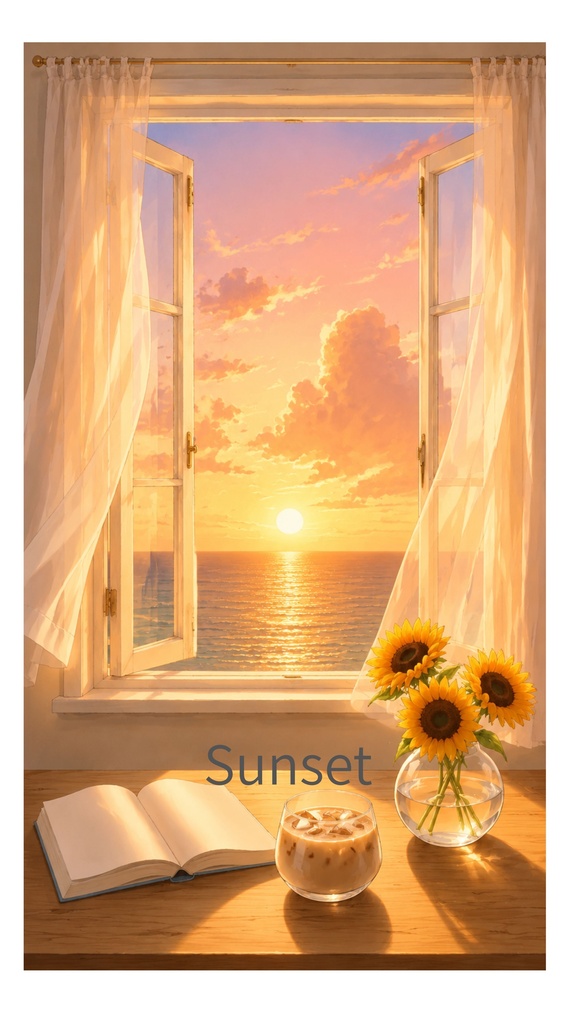 夏の部屋|海の見える窓辺|壁紙 背景3枚セット(昼・夕方・夜)