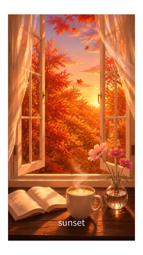 秋の部屋 紅葉が見える窓辺 壁紙 背景3種セット(昼・夕方・夜)