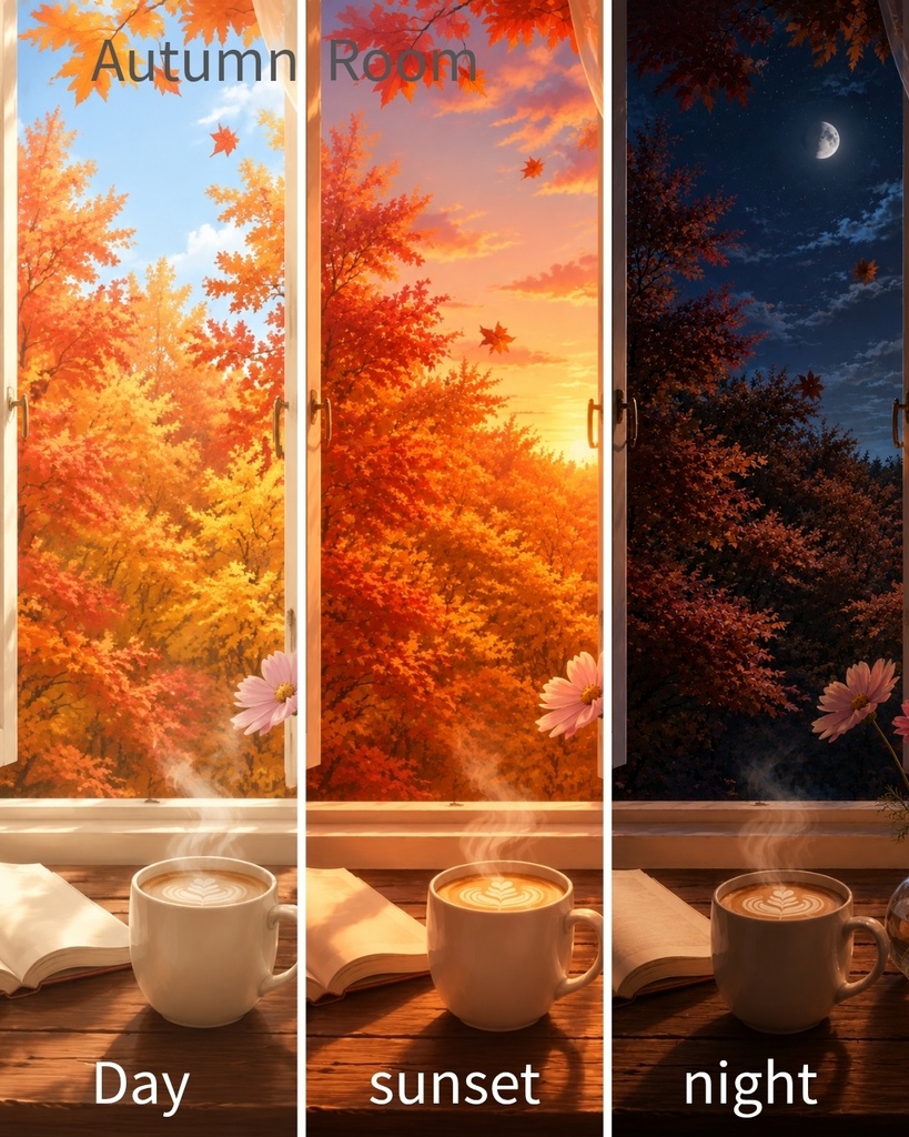 秋の部屋 紅葉が見える窓辺 壁紙 背景3種セット(昼・夕方・夜)