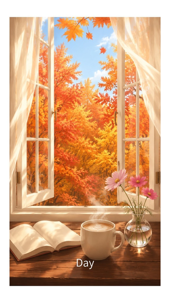 秋の部屋 紅葉が見える窓辺 壁紙 背景3種セット(昼・夕方・夜)