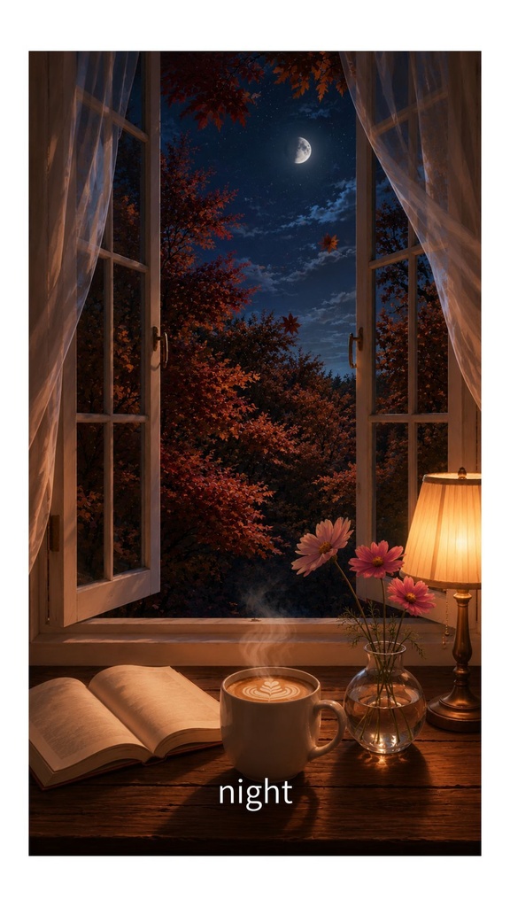 秋の部屋 紅葉が見える窓辺 壁紙 背景3種セット(昼・夕方・夜)